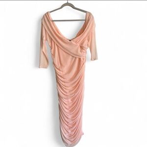 Boohoo 14 Light Pink Balletcore Off Shoulder Ruched Draped Dress